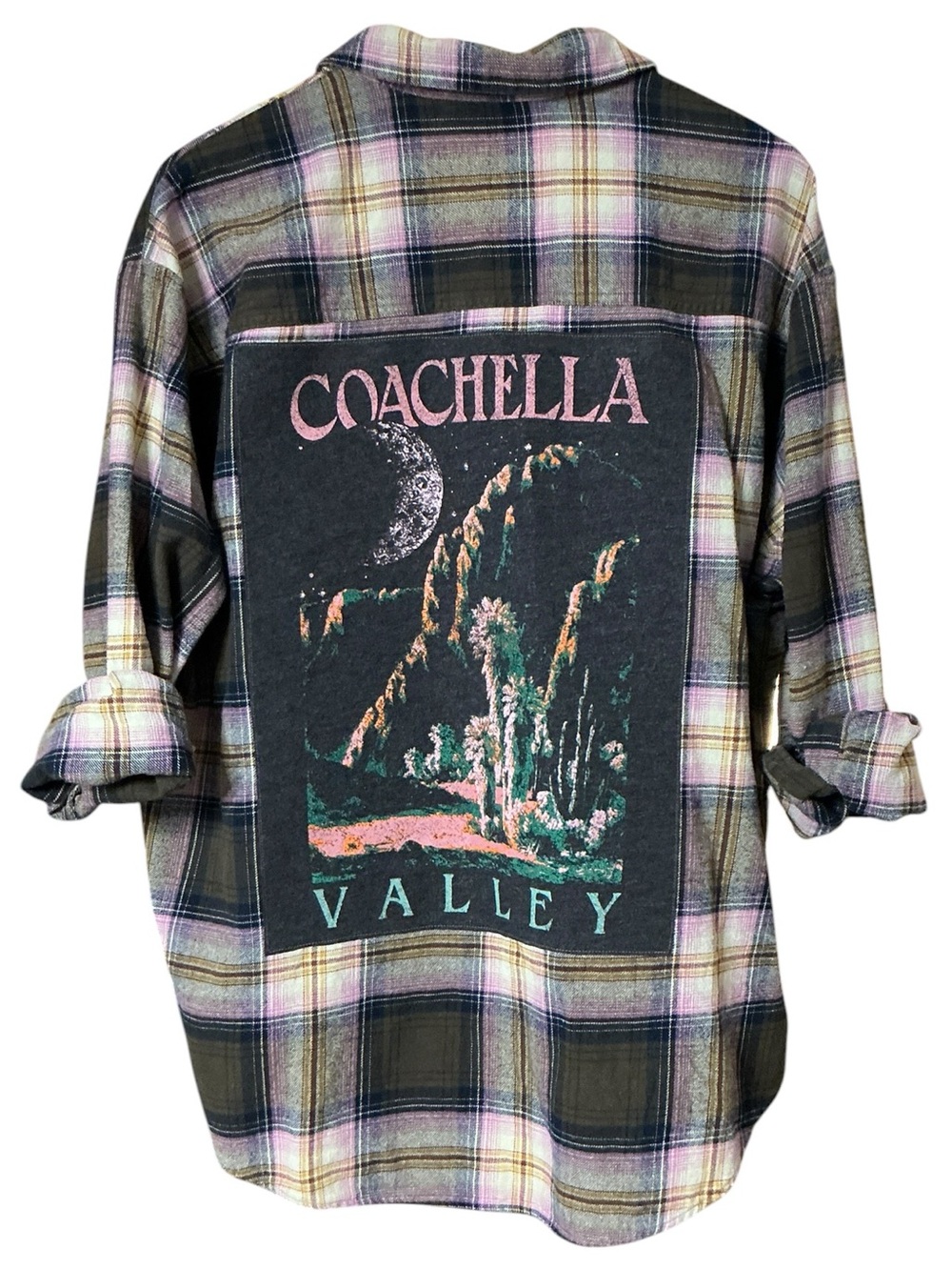 Coachella Valley Upcycled Flannel Top T Shirt Music Festival Boyfriend Oversized
